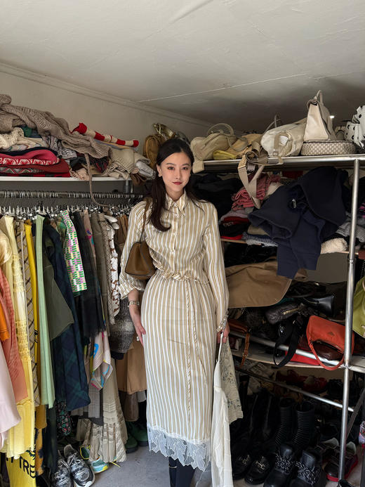 DUO智仙生 黑标 智性恋黄色条纹明媚丝质衬衫和花边蕾丝裙套装 商品图4