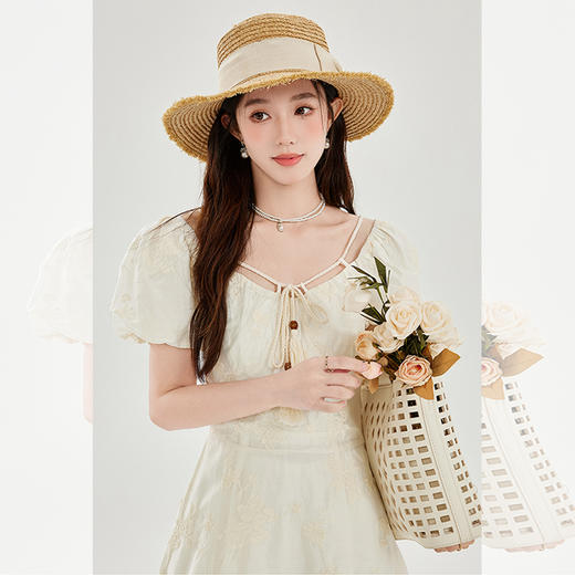 西遇法式复古方领连衣裙女2026夏季新款泡泡袖碎花收腰温柔风长裙SS060233 商品图2