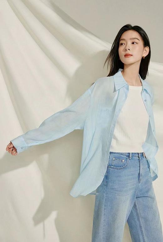 F031884春夏新款苎麻棉宽松排扣轻薄通透苎麻薄荷Baby蓝衬衫 商品图8