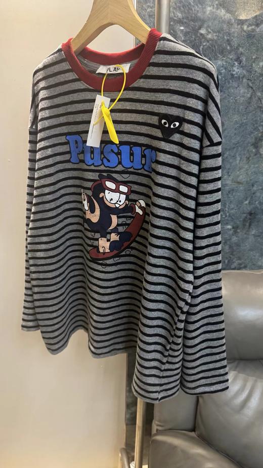 F031822日系复古温柔氛围休闲随性酒红色罗纹圆领卡通条纹T恤 商品图1