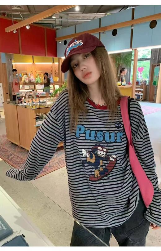 F031822日系复古温柔氛围休闲随性酒红色罗纹圆领卡通条纹T恤 商品图7