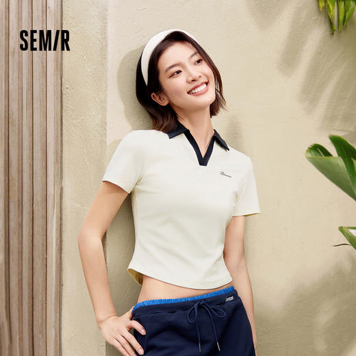 森马POLO衫女夏季短款正肩修身字母绣花套头衫简约气质小个子衣服 商品图0
