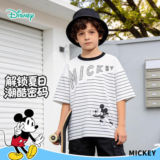 迪士尼条纹男童夏日黑白米奇短袖T恤XD2ES089 商品图1