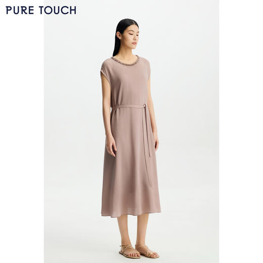 PURE TOUCH女26春夏新款木耳边连衣裙真丝鬼绉桑蚕丝系带中长裙 商品图0
