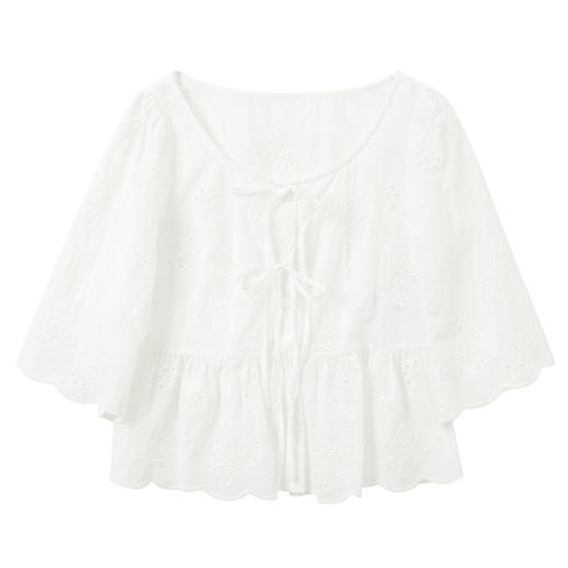 【100棉】三彩2026夏季新款方领绣花A字娃娃衫七分袖衬衫上衣M 商品图4