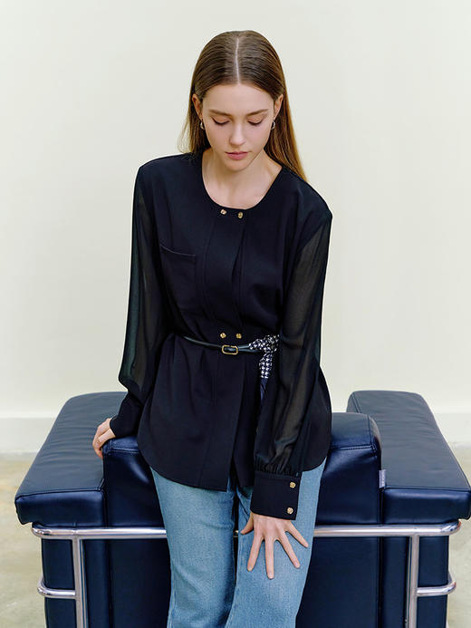 【拼接款雪纺上衣】26年春夏新品女士腰带收腰衬衫圆领开衫 商品图1