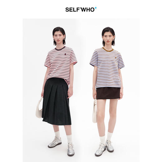 SELFWHO纯棉笑脸标撞色条纹短袖T恤女2026夏新款正肩圆领上衣 商品图1