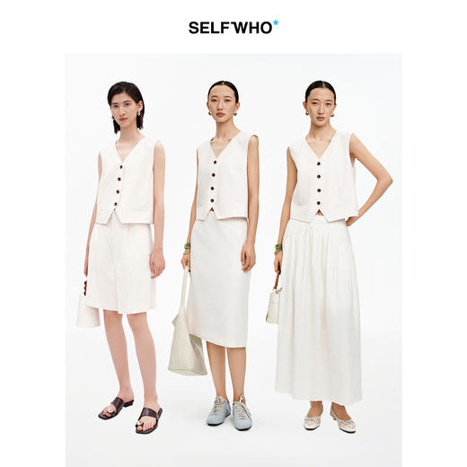 SELFWHO亚麻混纺经典V领马甲女2026夏新款宽松单排扣外穿马夹上衣 商品图1