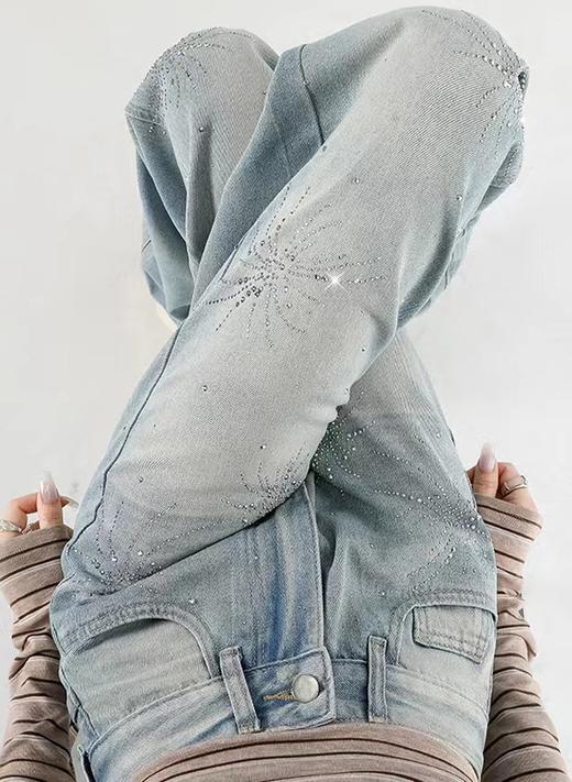 F031816蓝色烟花烫钻阔腿牛仔裤女春季新款高腰宽松显瘦直筒拖地裤 商品图11