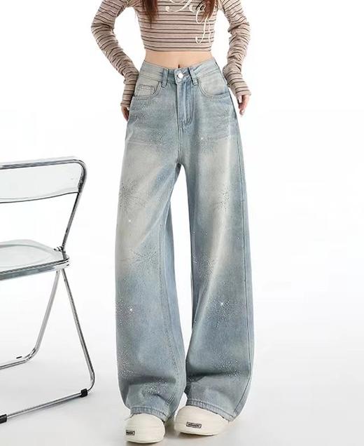 F031816蓝色烟花烫钻阔腿牛仔裤女春季新款高腰宽松显瘦直筒拖地裤 商品图9