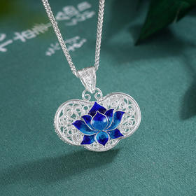 子佩集S990银【荷花福来】套链项链【MXDZ021】纯银花丝蓝色莲花荷花2509