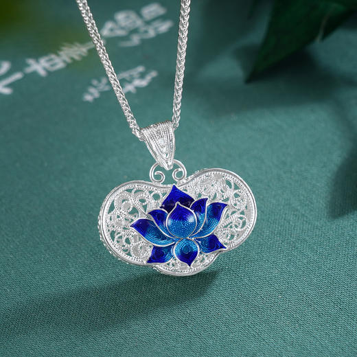 子佩集S990银【荷花福来】套链项链【MXDZ021】纯银花丝蓝色莲花荷花2509 商品图0