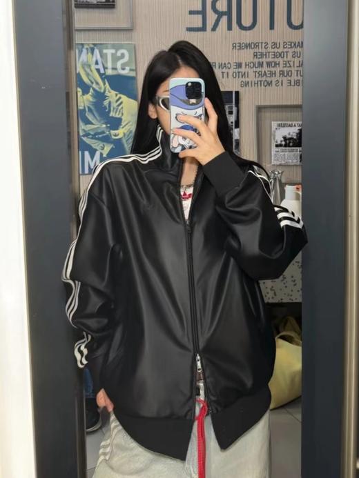 F0318109韩版仿皮立领美式复古三道杠学院风皮衣夹克外套 商品图8