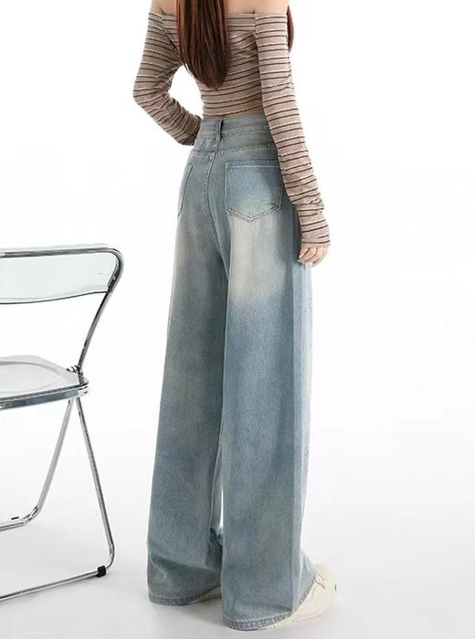 F031816蓝色烟花烫钻阔腿牛仔裤女春季新款高腰宽松显瘦直筒拖地裤 商品图8