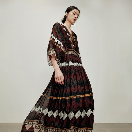 【林栖设计小店】地色几何|暗红色复古气质显瘦2026夏新款印花真丝连衣裙1962199 商品图9