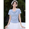 鹿向南「铃兰浅语」蓝色小众设计感荡领短袖T恤女夏新款显瘦上衣 商品缩略图0