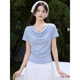 鹿向南「铃兰浅语」蓝色小众设计感荡领短袖T恤女夏新款显瘦上衣