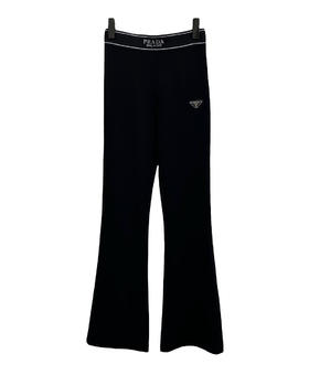 女款弹力织带高腰微喇长裤he020