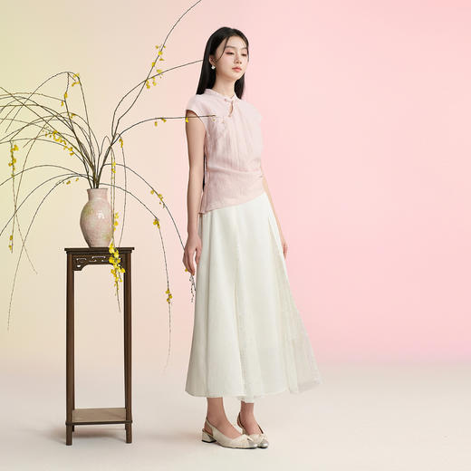 三彩【白云深处】2026夏季新款新中式高腰半身裙蕾丝A字裙长裙C 商品图3