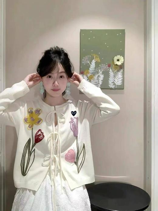 F031819春日氛围感软糯亲肤宽松落肩防风保暖刺绣针织V领开衫 商品图6