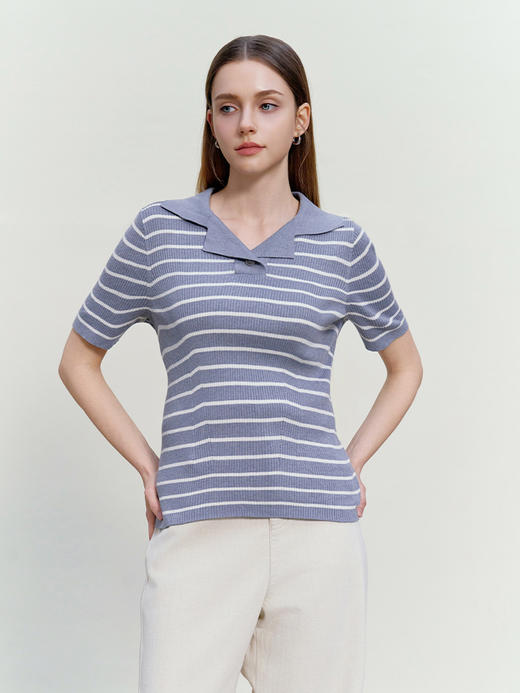 【V领抽条条纹针织衫】26年春夏新品女士棉+桑蚕丝+亚麻修身显瘦上衣 商品图1