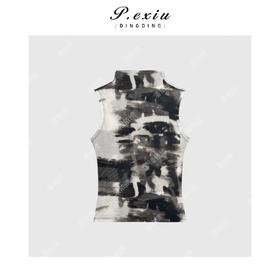 03-4潘依绣丁丁宠粉新款小众印花油画高领薄款无袖背心Q3631