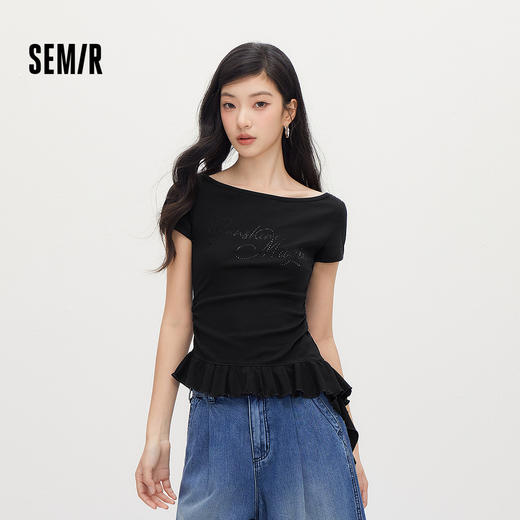 森马短袖T恤女夏季短款一字领荷叶边烫钻2026新款小性感辣妹衣服 商品图1