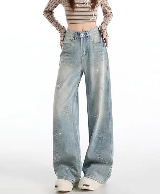 F031816蓝色烟花烫钻阔腿牛仔裤女春季新款高腰宽松显瘦直筒拖地裤 商品图12