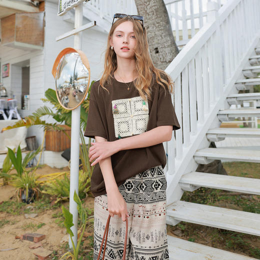 三彩2026夏季新款水溶花边流苏圆领落肩短袖T恤宽松套头上衣M 商品图2