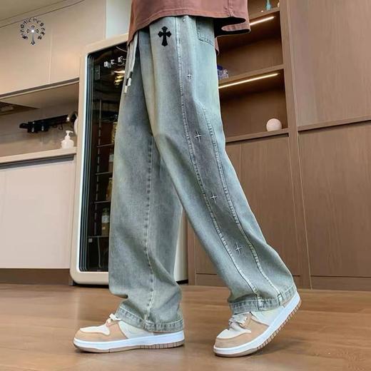 F031853新款贴皮标重工水洗刺绣串标相拼宽松直筒牛仔裤 商品图4