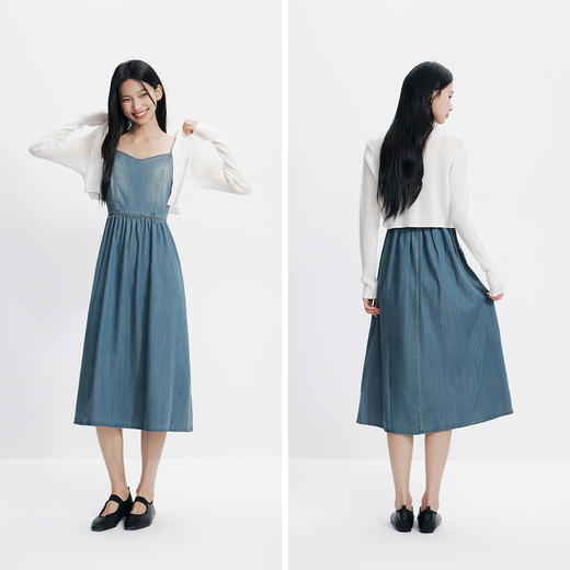 森柔|森马牛仔连衣裙女夏季V领短开衫凉感吊带裙甜酷小性感两件套 商品图4