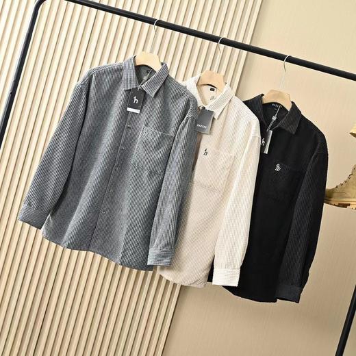 F031842春秋新款男士灯芯绒复古纯色宽松条纹衬衫上衣 商品图1