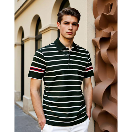 100%液氨棉男士修身时尚撞色条纹款休闲百搭翻领短袖T恤   XLM-CAC8687213 商品图1