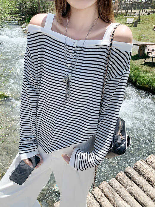 <曾小咸推荐>3.21现货秒杀 ！微信超特价！韩系一字肩条纹长袖T恤 日常149.99 立减90 秒杀59.99！！ 商品图6