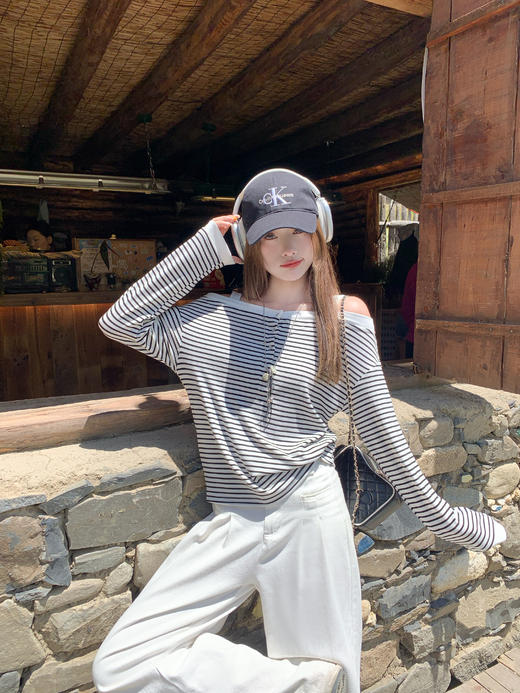 <曾小咸推荐>3.21现货秒杀 ！微信超特价！韩系一字肩条纹长袖T恤 日常149.99 立减90 秒杀59.99！！ 商品图7