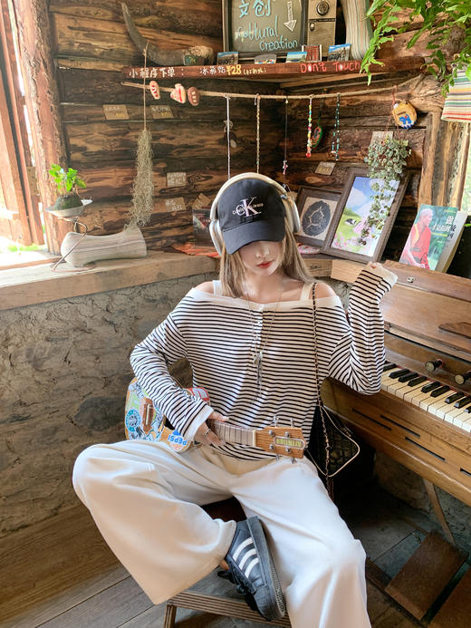 <曾小咸推荐>3.21现货秒杀 ！微信超特价！韩系一字肩条纹长袖T恤 日常149.99 立减90 秒杀59.99！！ 商品图5