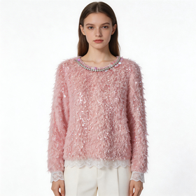 【孤品样衣，不退不换】减龄公主拼接蕾丝羽毛感钉珠圆领长袖上衣