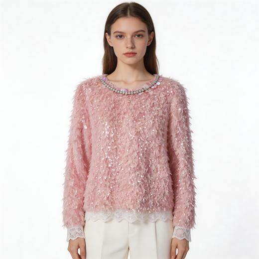 【孤品样衣，不退不换】减龄公主拼接蕾丝羽毛感钉珠圆领长袖上衣 商品图0