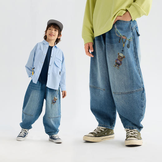 MANHOJIA【小熊定番裤】儿童软牛仔春新品水洗做旧松弛印花牛仔裤 商品图1