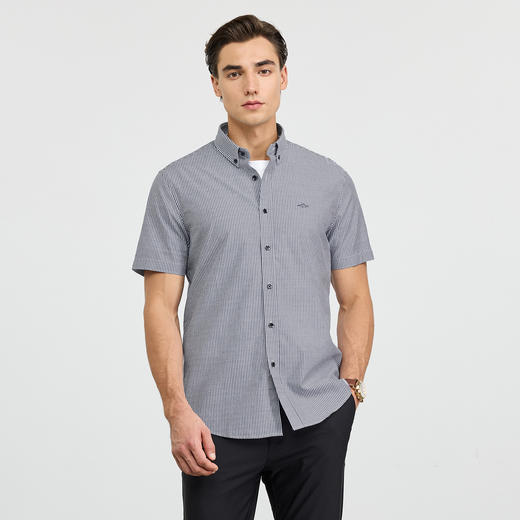 【纯棉】德鲨2026夏新款短袖衬衫男青年时尚条纹打底上衣男装衬衣 商品图1