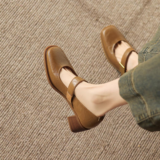 阿么手工女鞋复古粗跟一字带浅口单鞋春季新款真皮玛丽珍鞋女5CM 商品图2