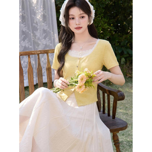 鹿向南「浅夏拾光」法式黄色短袖T恤女夏独特漂亮巨好看收腰上衣 商品图1