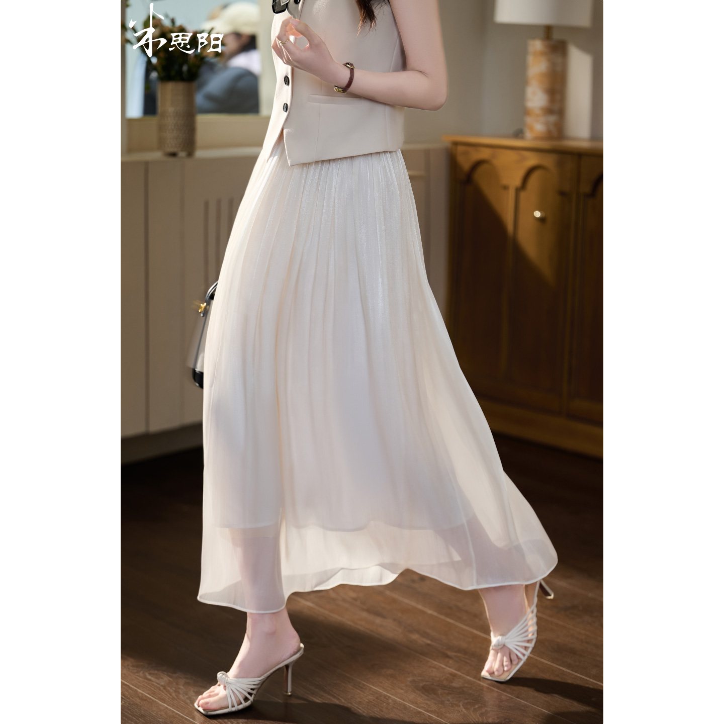 【杏色 预售7天】人鱼姬鎏光纱裙 米思阳2026春季新款法式仙气飘逸流光纱裙薄款高腰遮胯沙滩半身裙女1049