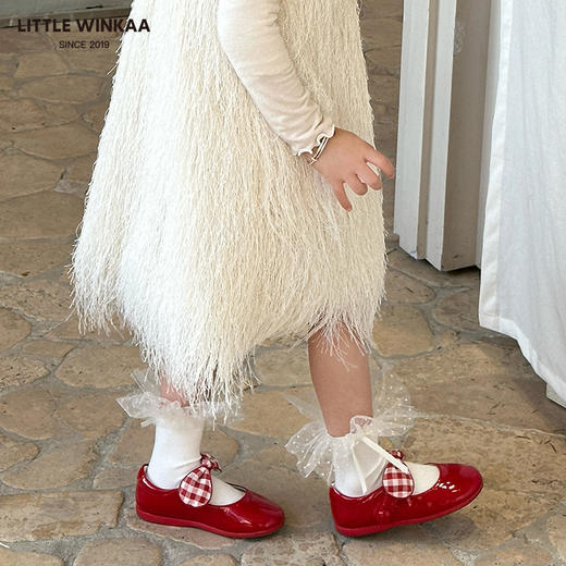 【云优选】Little winkaa格子布蝴蝶结舞蹈鞋女童新年红儿童皮鞋艾莎公主鞋 商品图2