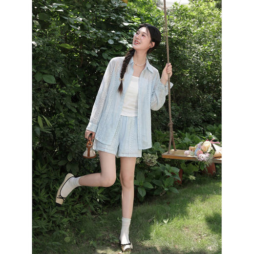 鹿向南「清氧蓝系」长袖薄款蓝色衬衫女夏季新款休闲短裤时尚套装 商品图2