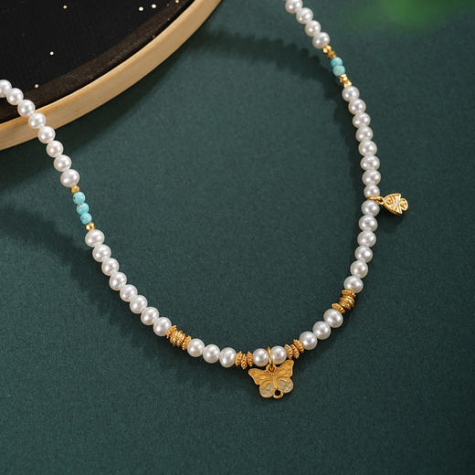 子佩集【蝴蝶之舞】银S925珍珠AOYA奥雅项链【QNX0007】3mm珠绿松石镀金蝴蝶2512 商品图1
