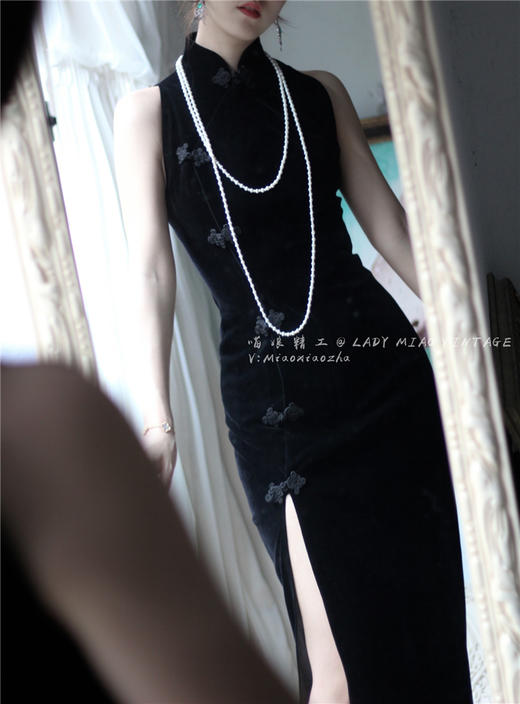 【复团定金】喵娘精工/定制/《军阀旗袍》削肩版禁欲系高级骚黑色丝绒高叉旗袍#款号1005 商品图6