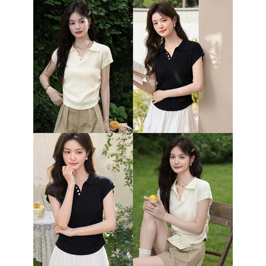 鹿向南「夜雾星斑」法式气质显瘦黑色T恤女夏季修身短袖针织上衣 商品图3