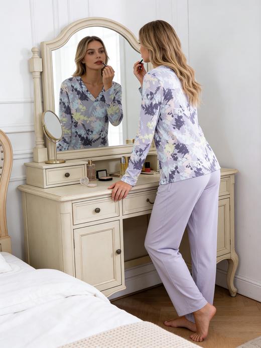 【棉莫水墨花卉】德国舒雅女士秋冬棉莫代尔睡衣印花舒适v领套头家居服套装31/25111H 商品图2