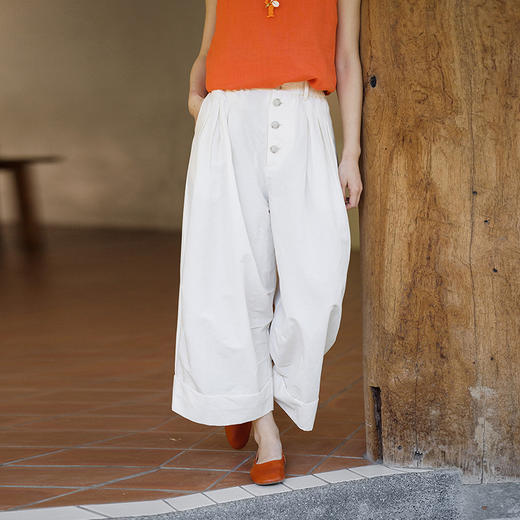 绽放114朵/贵族花苞裤*亚麻棉设计感宽松卷边立体捏褶休闲长裤女 商品图0